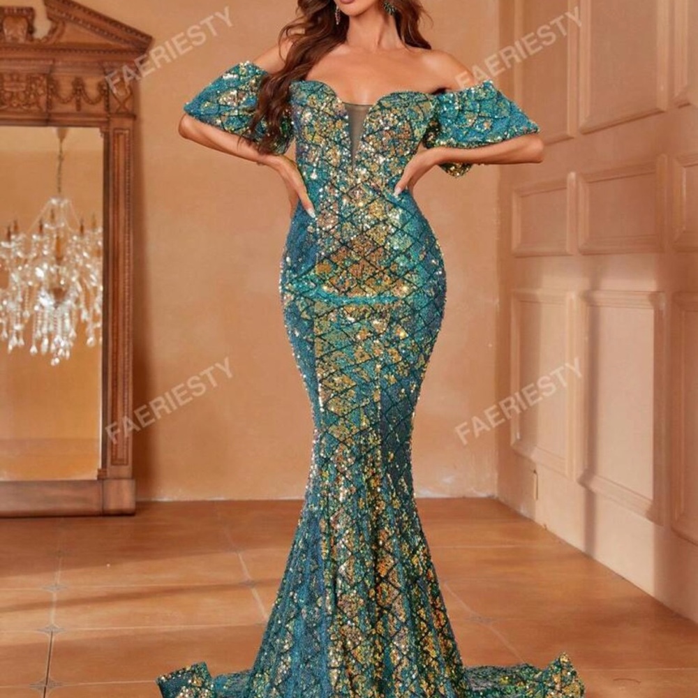 Teal and Gold Sequin Gown